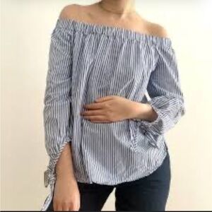 Scotch and Soda Maison Scotch Striped Off Shoulder Blouse S/1 Tie Sleeve